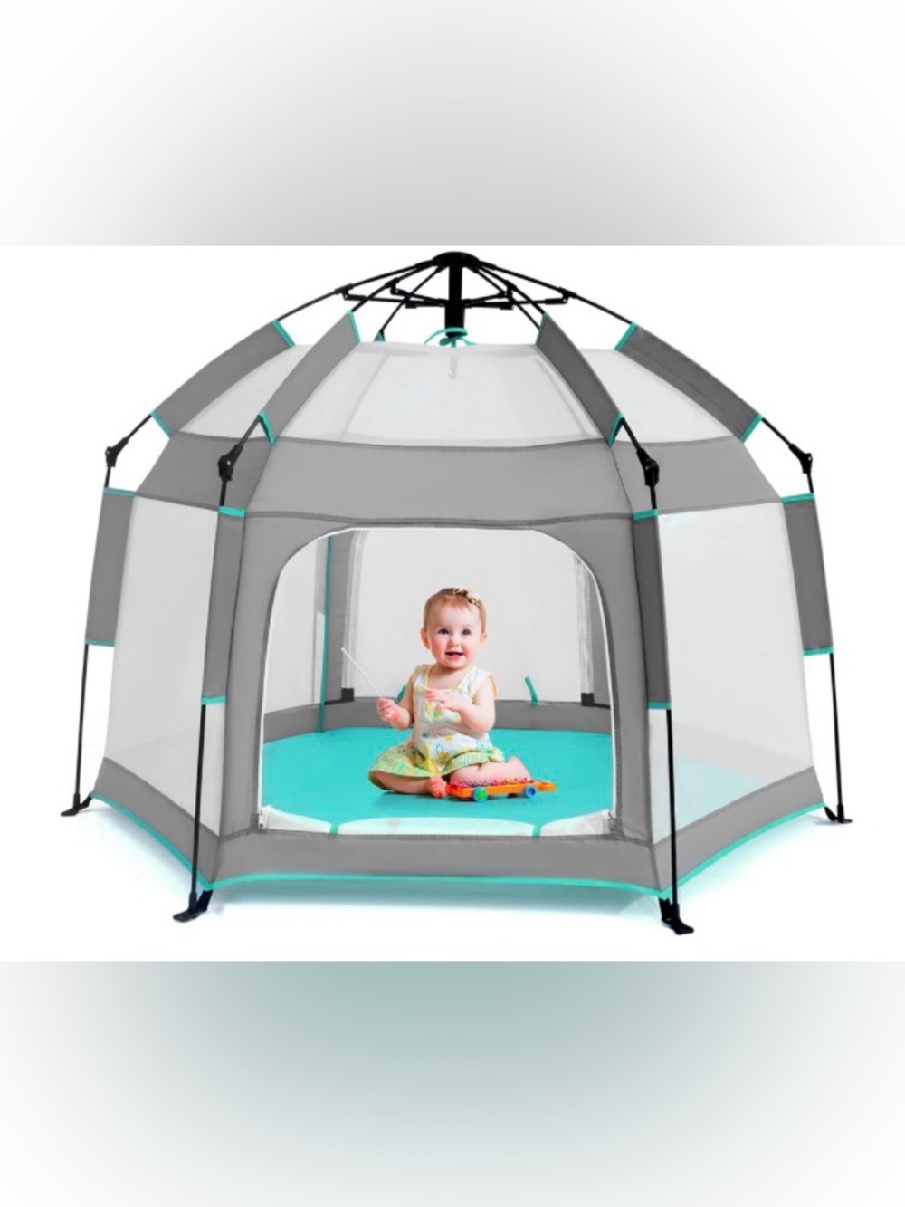 Baby Playpen with Canopy, Hexagon Toddler Beach Tent(Grey)